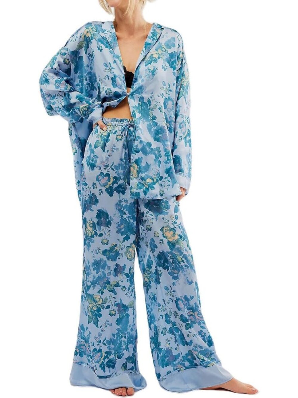 Floral Satin Pajama Set for Women | 2-Piece Long Sleeve Sleepwear PJs